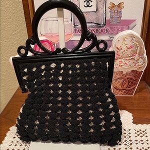 Vintage-Inspired Black Crochet Top-Handle Women's Bag